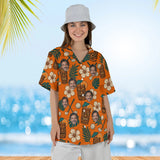 Woman wearing the Tiki Golf Funny Hawaiian Golf Shirt with custom faces