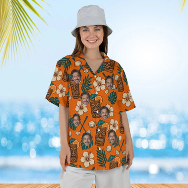 Woman wearing the Tiki Golf Funny Hawaiian Golf Shirt with custom faces