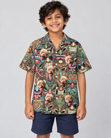 Tiki Island Vibes Hawaiian shirt with printed faces, worn by a child