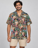 Tiki Island Vibes Hawaiian shirt with printed faces, worn by a man