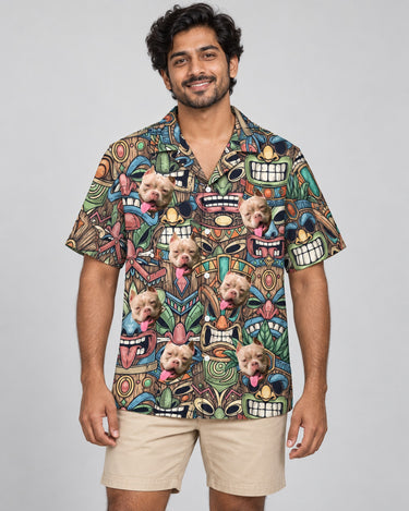 Tiki Island Vibes Hawaiian shirt with printed faces, worn by a man