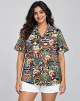 Tiki Island Vibes Hawaiian shirt with printed faces, worn by a woman