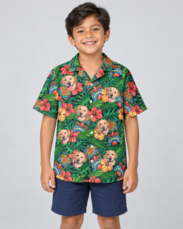 Tiki Paradise Warrior Hawaiian shirt with printed faces, worn by a child