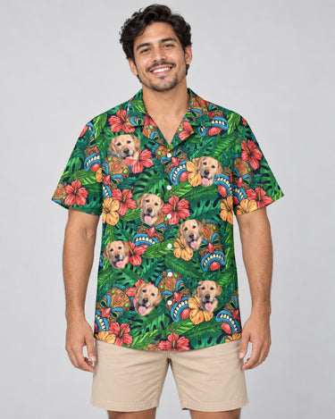 Tiki Paradise Warrior Hawaiian shirt with printed faces, worn by a man