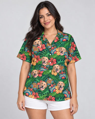 Tiki Paradise Warrior Hawaiian shirt with printed faces, worn by a woman