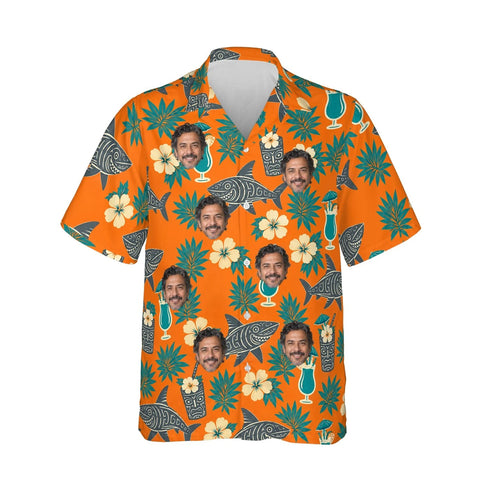 Tiki Shark Hawaiian Shirt personalized with printed faces, front view