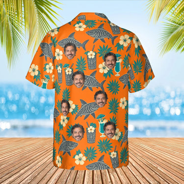 Tiki Shark Hawaiian Shirt with custom faces, back view