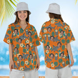 Woman wearing the Tiki Shark Hawaiian Shirt with custom faces, front and back view