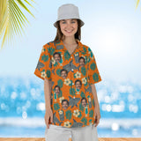 Woman wearing the Tiki Shark Hawaiian Shirt with custom faces