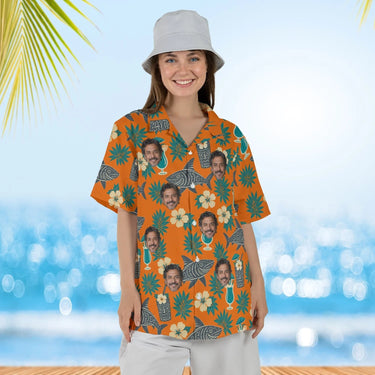 Woman wearing the Tiki Shark Hawaiian Shirt with custom faces
