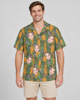 Tiki Surf Legend Hawaiian shirt with printed faces, worn by a man