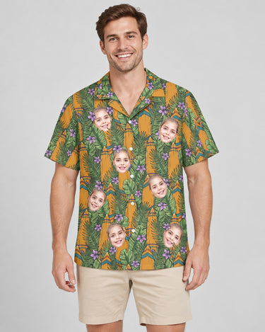 Tiki Surf Legend Hawaiian shirt with printed faces, worn by a man