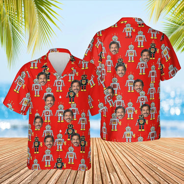 Tin Robot Sci-Fi Hawaiian Shirt with custom faces, front and back