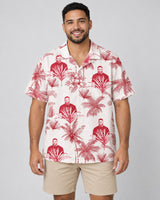 Toile de Jouy Palm Hawaiian shirt with printed faces, worn by a man