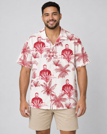 Toile de Jouy Palm Hawaiian shirt with printed faces, worn by a man