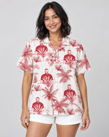 Toile de Jouy Palm Hawaiian shirt with printed faces, worn by a woman