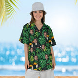 Woman wearing the Toucan Tropical Hawaiian Shirt with custom faces