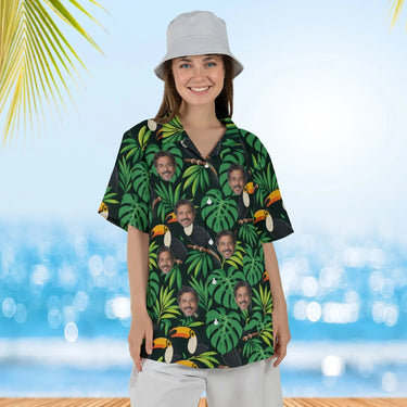 Woman wearing the Toucan Tropical Hawaiian Shirt with custom faces