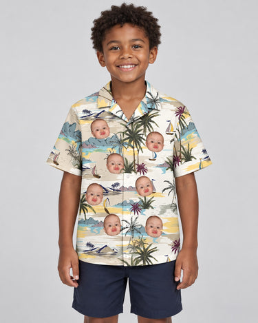 Tranquil Island Hawaiian shirt with printed faces, worn by a child