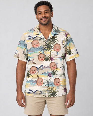 Tranquil Island Hawaiian shirt with printed faces, worn by a man
