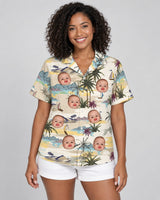 Tranquil Island Hawaiian shirt with printed faces, worn by a woman