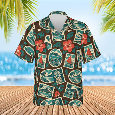 Travel Label Postcard Hawaiian Shirt print before personalizing, front view