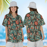Woman wearing the Travel Label Postcard Hawaiian Shirt with custom faces, front and back view