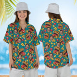 Woman wearing the Treasure Chest Monster RPG Hawaiian Shirt with custom faces, front and back view
