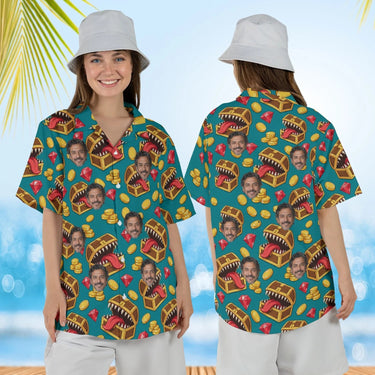 Woman wearing the Treasure Chest Monster RPG Hawaiian Shirt with custom faces, front and back view