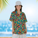 Woman wearing the Treasure Chest Monster RPG Hawaiian Shirt with custom faces