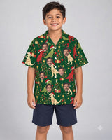 Tree Rex Dinosaur Christmas Hawaiian Shirt with printed faces, worn by a child