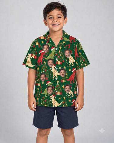 Tree Rex Dinosaur Christmas Hawaiian Shirt with printed faces, worn by a child