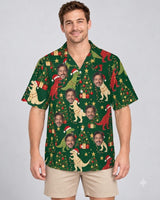 Tree Rex Dinosaur Christmas Hawaiian Shirt with printed faces, worn by a man