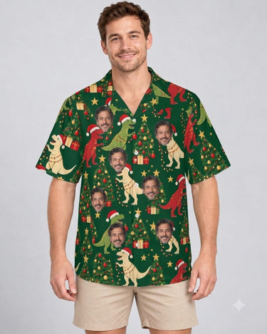 Tree Rex Dinosaur Christmas Hawaiian Shirt with printed faces, worn by a man