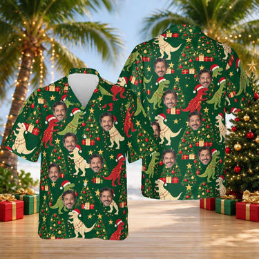 Tree Rex Dinosaur Christmas Hawaiian Shirt with custom faces, front and back