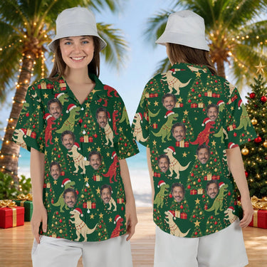 Woman wearing the Tree Rex Dinosaur Christmas Hawaiian Shirt with custom faces, front and back view
