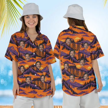 Woman wearing the Trestle Bridge Train Hawaiian Shirt with custom faces, front and back view