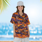 Woman wearing the Trestle Bridge Train Hawaiian Shirt with custom faces
