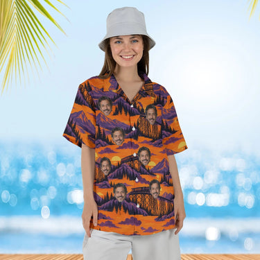Woman wearing the Trestle Bridge Train Hawaiian Shirt with custom faces