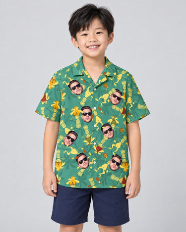 Tribal Rhythm Vibes Hawaiian shirt with printed faces, worn by a child
