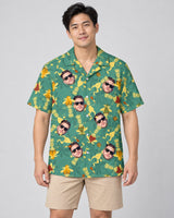 Tribal Rhythm Vibes Hawaiian shirt with printed faces, worn by a man