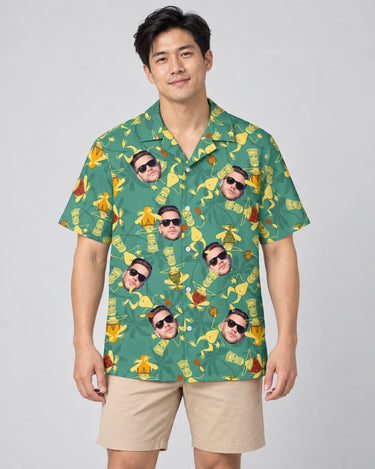 Tribal Rhythm Vibes Hawaiian shirt with printed faces, worn by a man