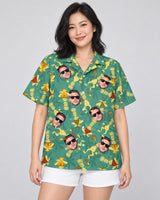 Tribal Rhythm Vibes Hawaiian shirt with printed faces, worn by a woman