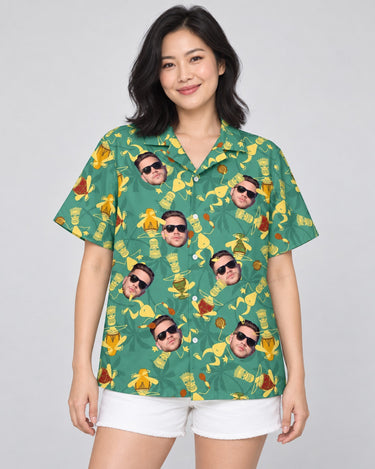 Tribal Rhythm Vibes Hawaiian shirt with printed faces, worn by a woman