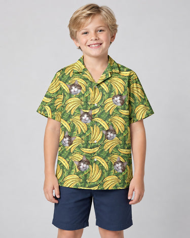 Tropical Banana Bliss Hawaiian shirt with printed faces, worn by a child