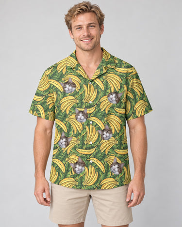 Tropical Banana Bliss Hawaiian shirt with printed faces, worn by a man