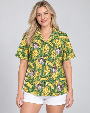 Tropical Banana Bliss Hawaiian shirt with printed faces, worn by a woman