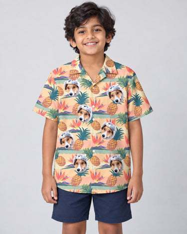 Tropical Bloom Hawaiian shirt with printed faces, worn by a child