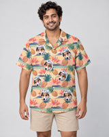 Tropical Bloom Hawaiian shirt with printed faces, worn by a man