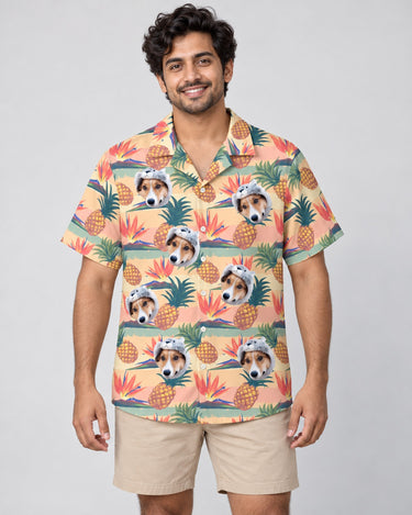 Tropical Bloom Hawaiian shirt with printed faces, worn by a man